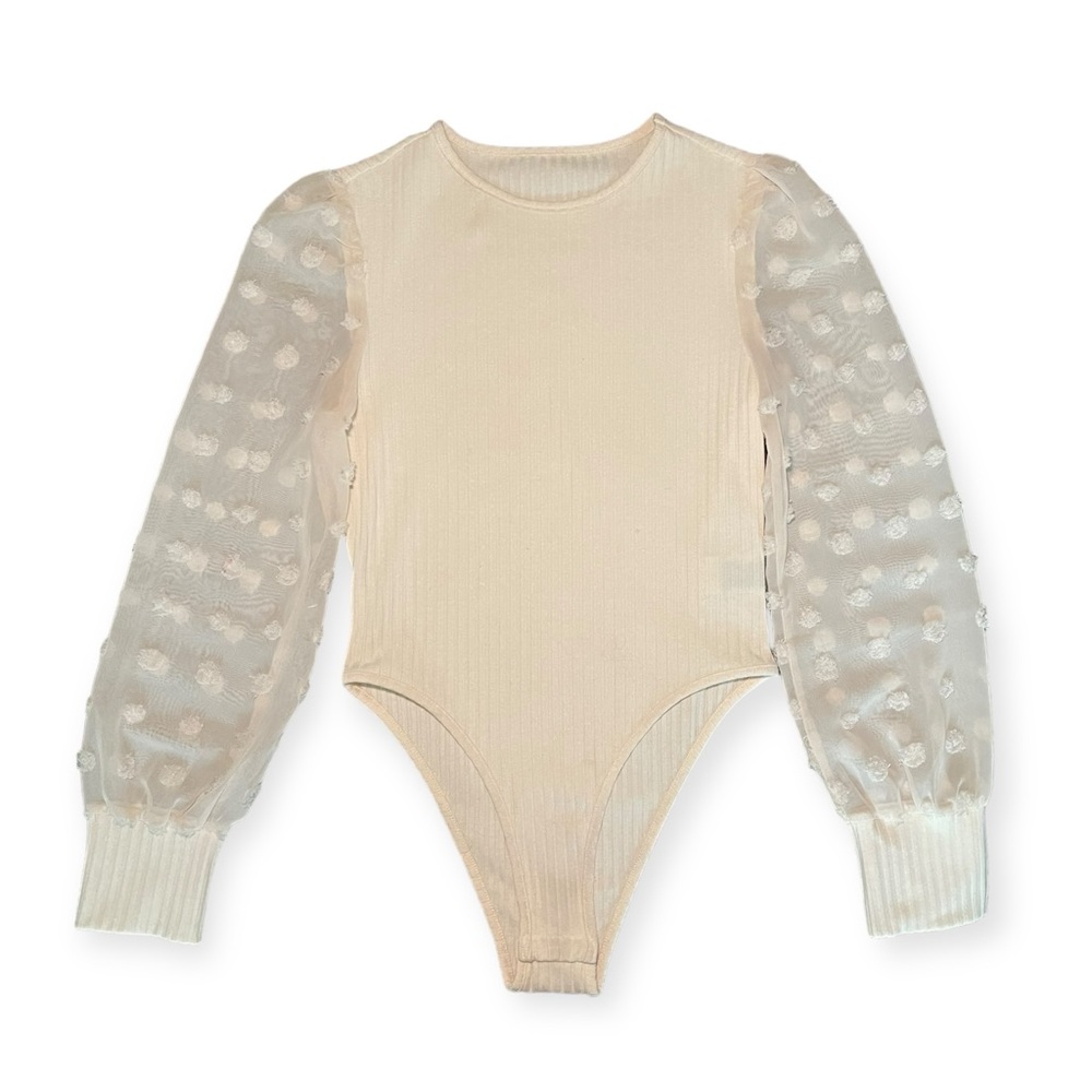 ASOS cream long sleeve mesh and sweater bodysuit blouse S